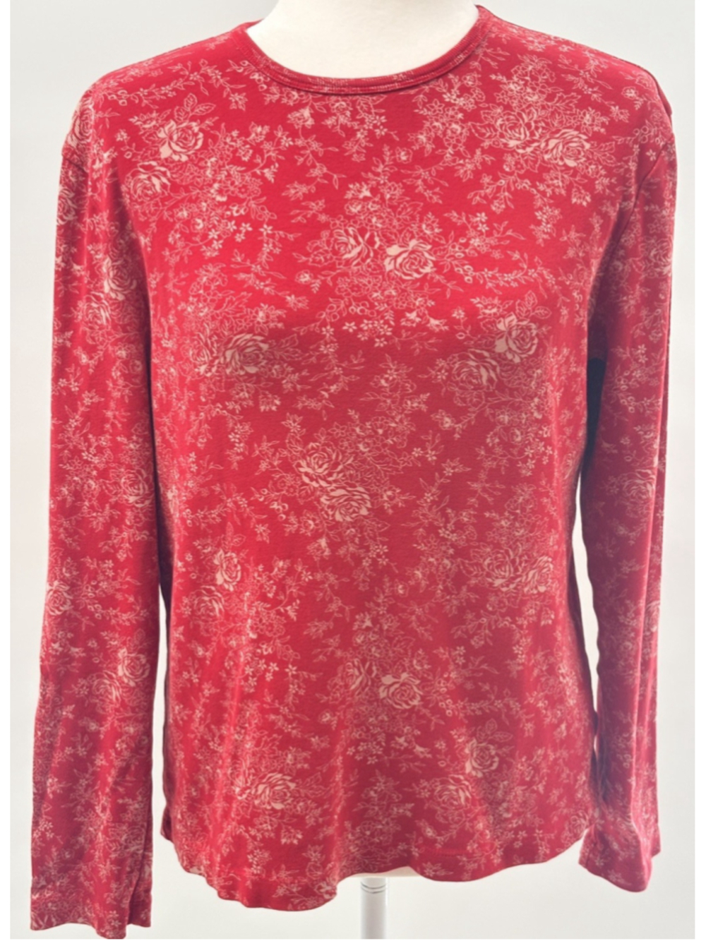 Jones New York Sport Top Womens Large Red Floral Long Sleeve Cottagecore Ribbed